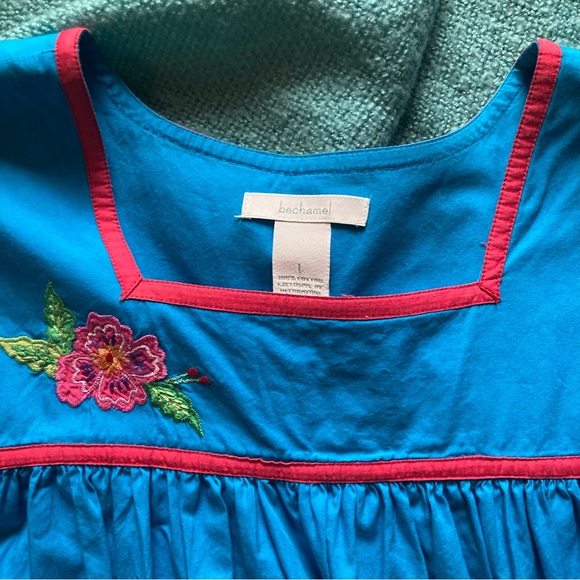 Bechamel bright blue embroidered square neck short sleeve summer peasant dress L - Picture 12 of 16